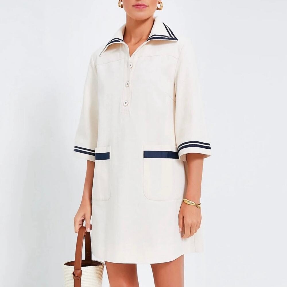 NWT Tuckernuck Pomander Place Hart Shirt Dress Mini Gardenia Tan Blue Large New - Picture 3 of 12